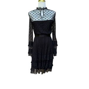 Black Sheath Dress with Mock Neck Swiss Polka Dots and Bishop Sleeves